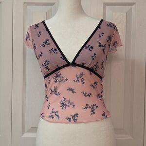 Y2K Indie Pink Navy Blue Floral Mesh Babydoll Tank Top Cap Sleeve; Size XXS / XS